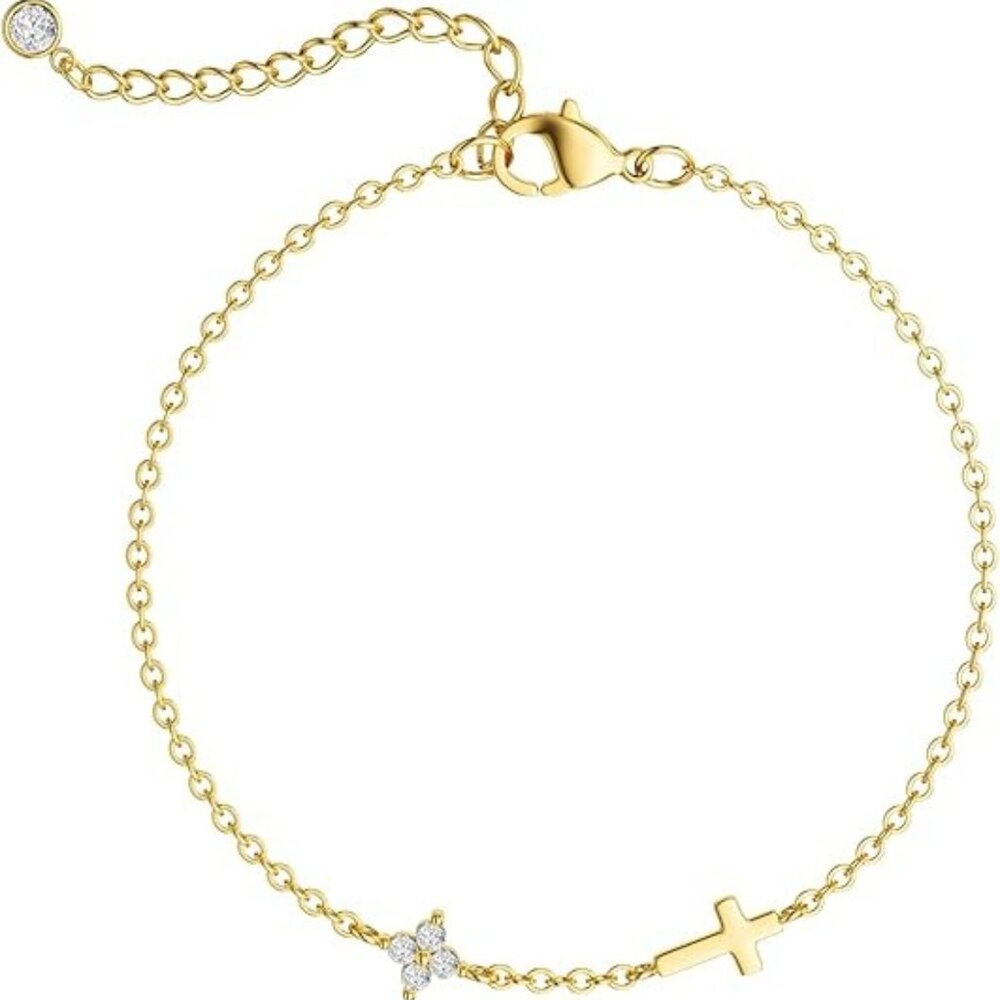 925 Sterling Silver CZ Bracelet - CZ Flower Cross Bracelet Gold